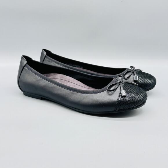 Vionic Shoes Womens 9.5 Black Leather Minna Ballet Flats Bow Cap Toe Comfort - Picture 2 of 13